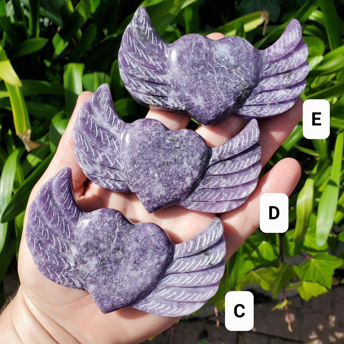 Lepidolite Heart Wings on Stand - Transitions, Stress Relief, Calming - Cute Purple Heart Crystal Carving with Wings Healing Gemstone