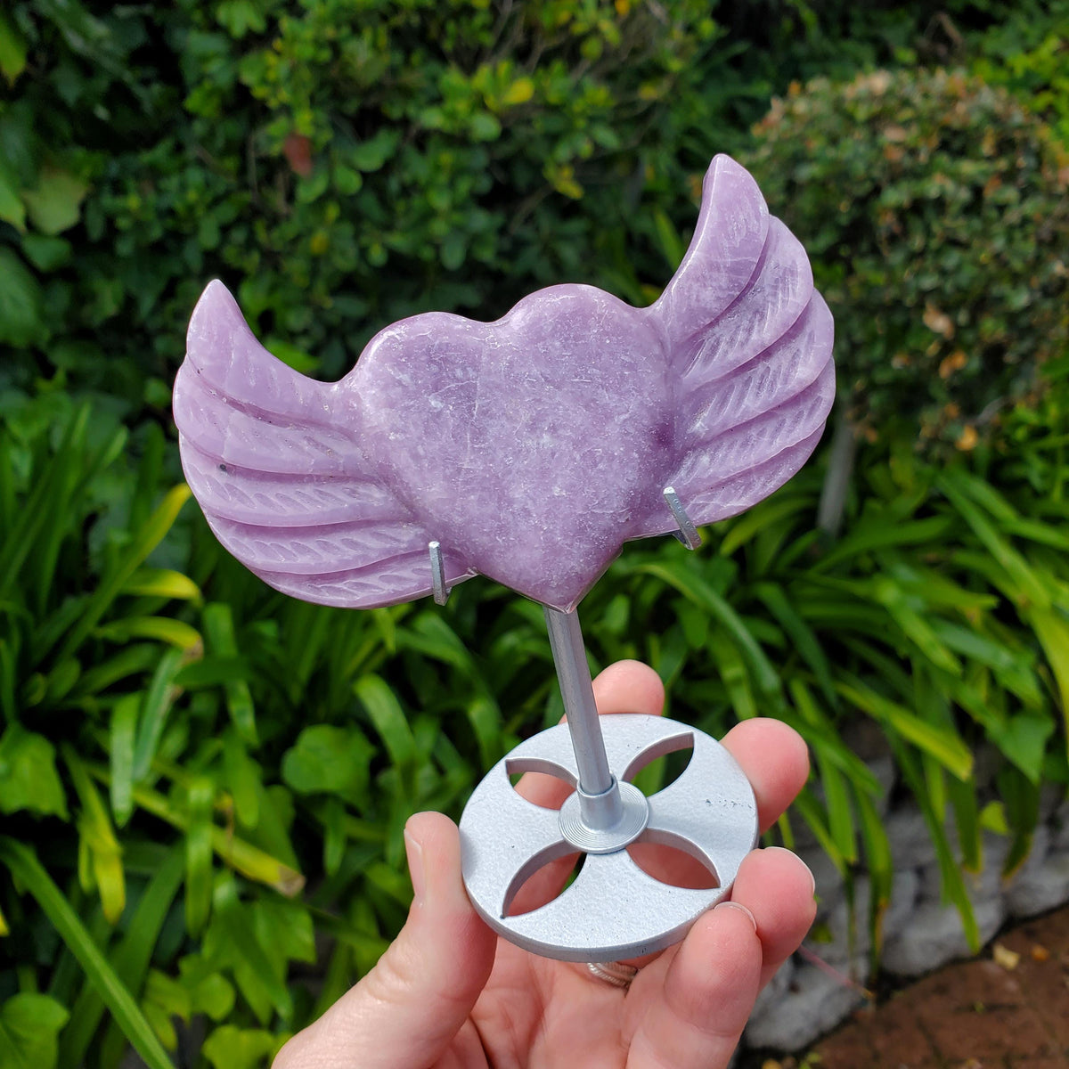 Lepidolite Heart Wings on Stand - Transitions, Stress Relief, Calming - Cute Purple Heart Crystal Carving with Wings Healing Gemstone