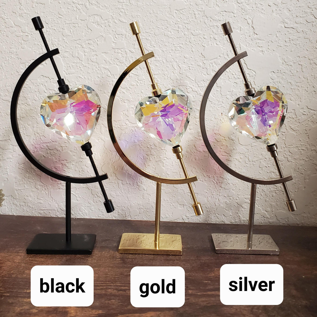 Faceted Heart Suncatcher with Metal Crescent Moon Stand 7" - Light Reflecting Glass Heart - Vanity Desk Office Home Decor Rainbow Catcher