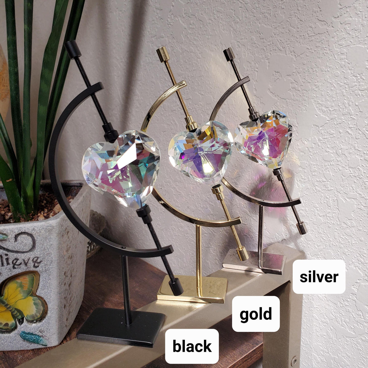 Faceted Heart Suncatcher with Metal Crescent Moon Stand 7" - Light Reflecting Glass Heart - Vanity Desk Office Home Decor Rainbow Catcher