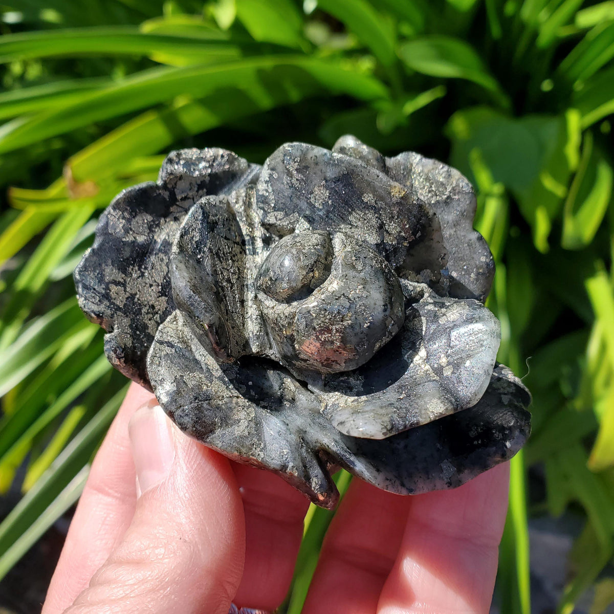 Chunky Pyrite Flower Carving  - Blocks Negativity, Boost Personal Power, Helps Manifestations - Pyrite Crystal Rose Healing Gemstone