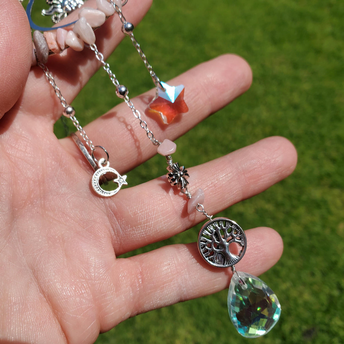 Crescent Moon Suncatcher - Cute Window Decor - Rainbow Light Catcher with Crystals, Sun, Tree of Life with Reflecting Star & Tear Drop