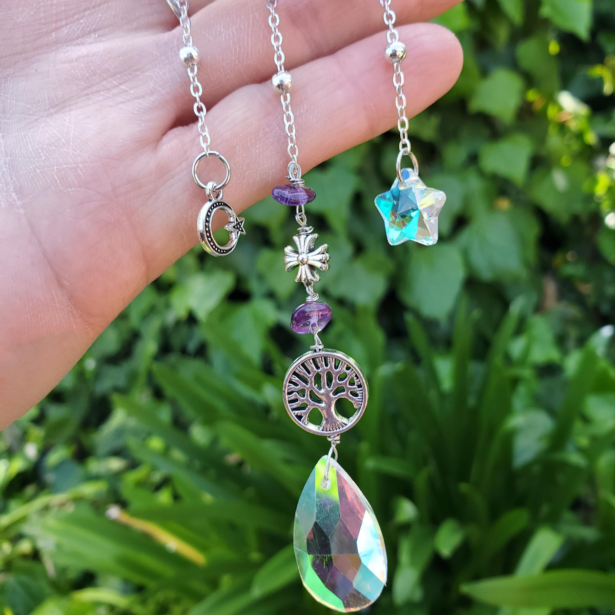 Crescent Moon Suncatcher - Cute Window Decor - Rainbow Light Catcher with Crystals, Sun, Tree of Life with Reflecting Star & Tear Drop