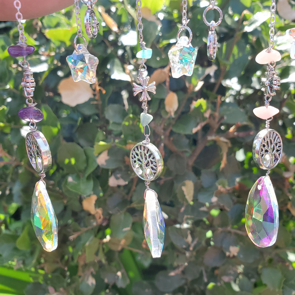 Crescent Moon Suncatcher - Cute Window Decor - Rainbow Light Catcher with Crystals, Sun, Tree of Life with Reflecting Star & Tear Drop