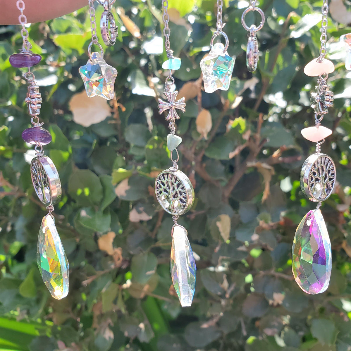 Crescent Moon Suncatcher - Cute Window Decor - Rainbow Light Catcher with Crystals, Sun, Tree of Life with Reflecting Star & Tear Drop