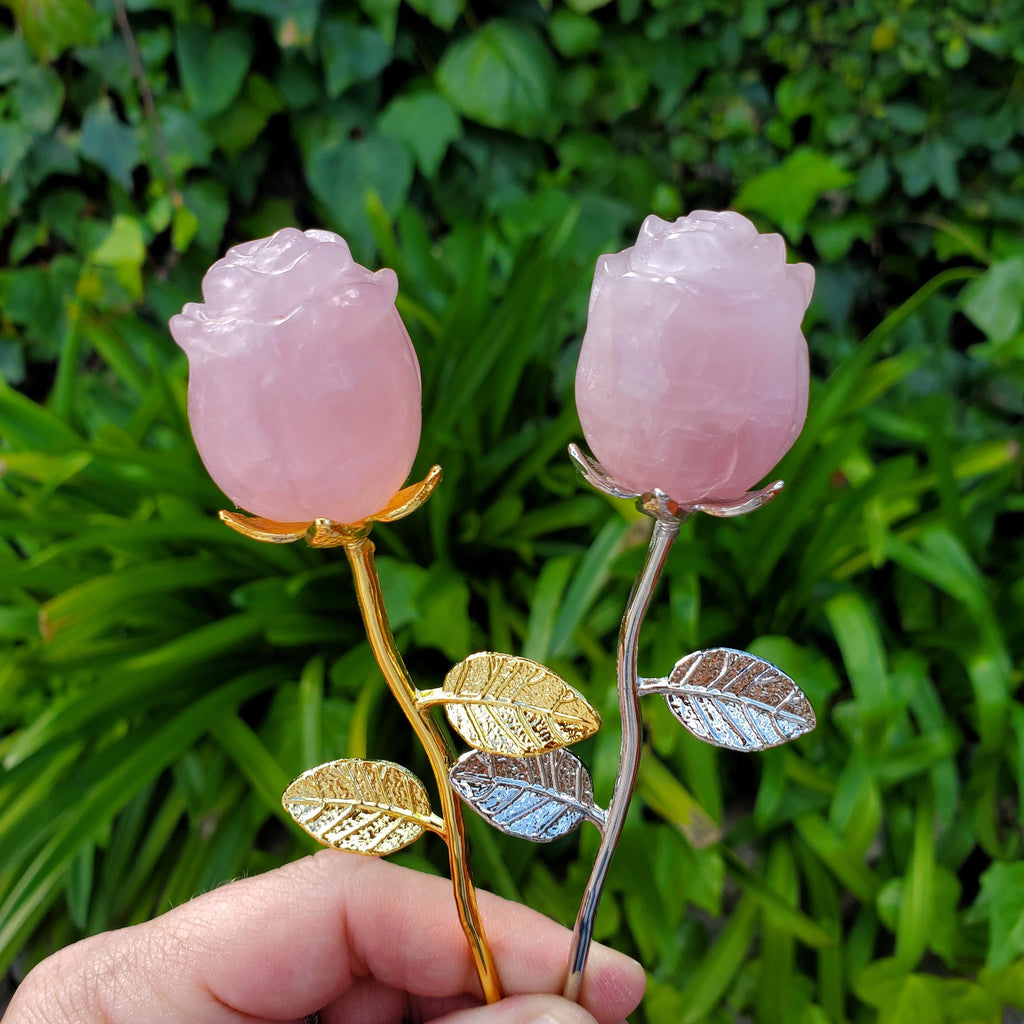 Small Rose Quartz Rose on Metal Stem - Unconditional Love, Compassion, Self Love - Pink Crystal Rose Bud with Silver or Gold Metal Stem