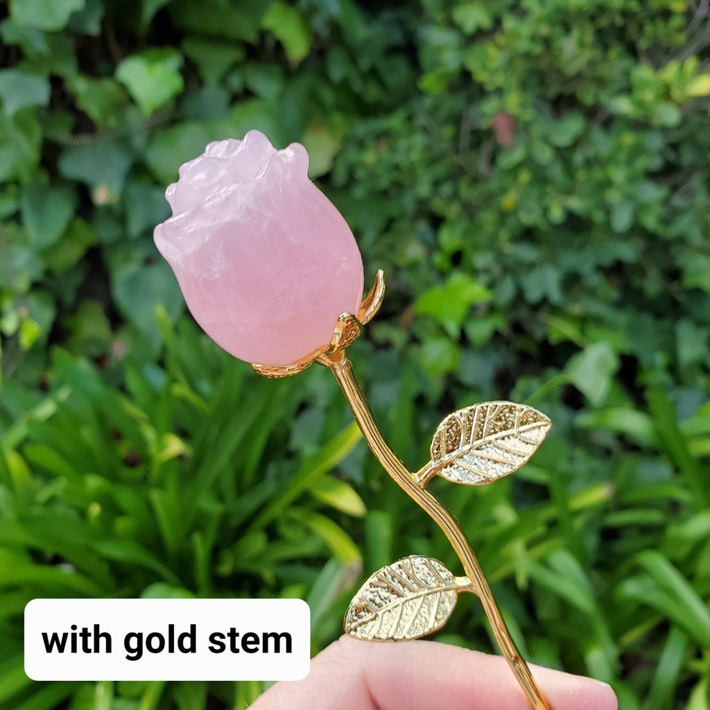 Small Rose Quartz Rose on Metal Stem - Unconditional Love, Compassion, Self Love - Pink Crystal Rose Bud with Silver or Gold Metal Stem