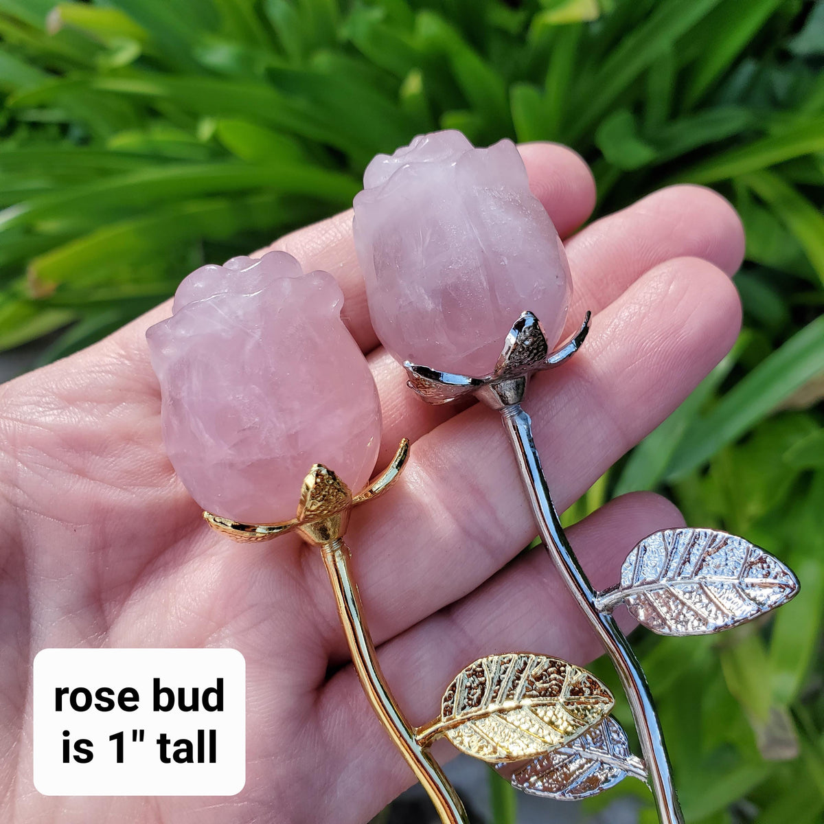 Small Rose Quartz Rose on Metal Stem - Unconditional Love, Compassion, Self Love - Pink Crystal Rose Bud with Silver or Gold Metal Stem