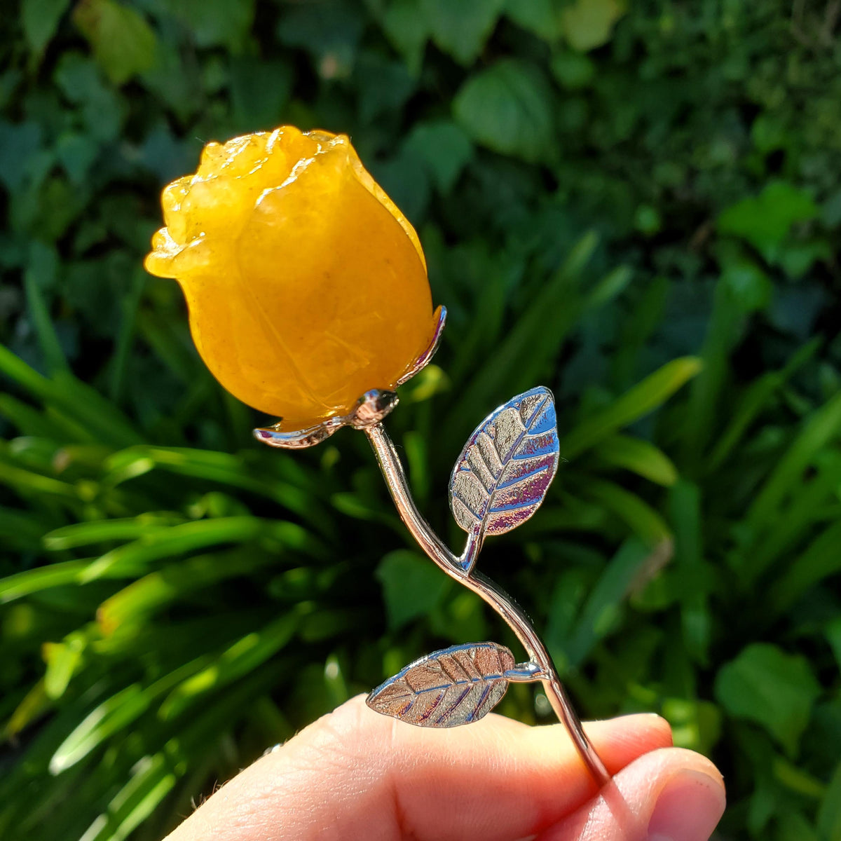 Small Golden Healer Rose on Metal Stem - Balance, Power, Energizing, Grounding - Cute Crystal Flower Display Healing Gemstone