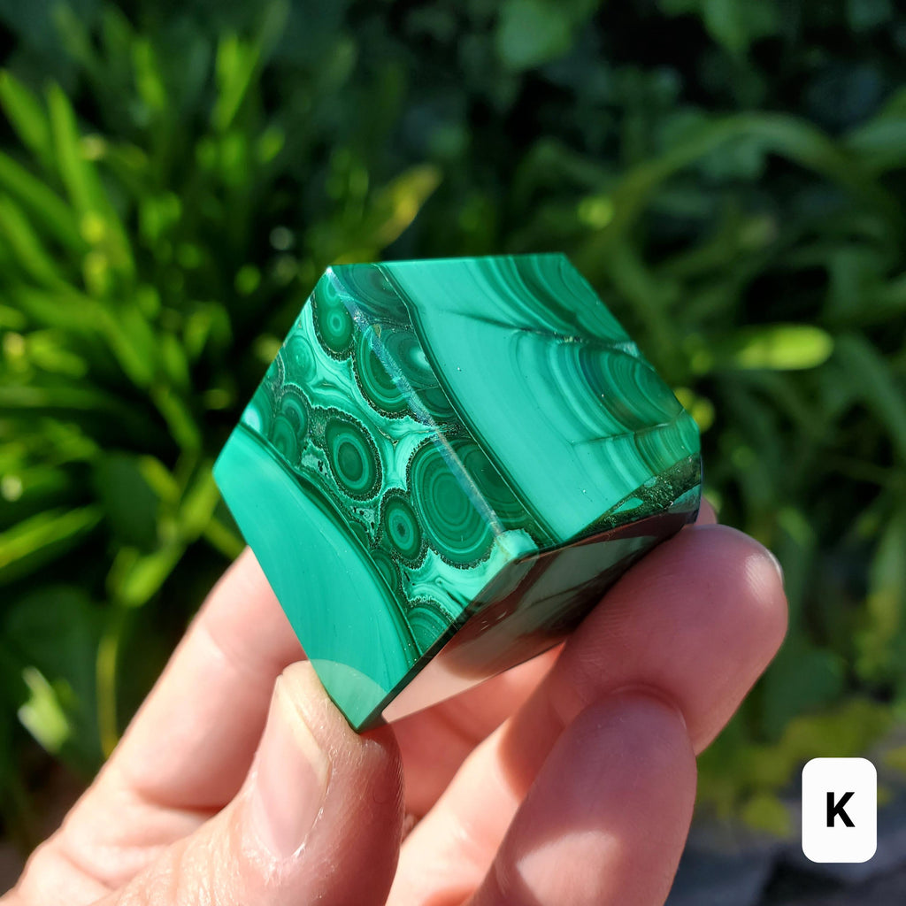 Malachite Cube with Cut Corner to Stand - Protection, Blocks EMF, Absorbs Negativity, Encourages Positive Change - Crystal Square Gemstone