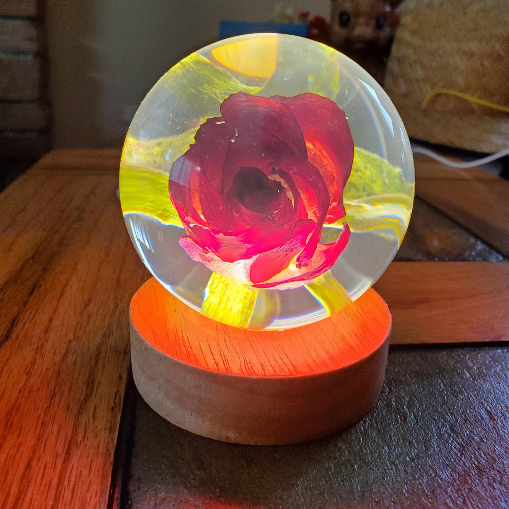 Rose Accent Light with Wooden Stand | Handmade Resin Craft with Real Rose Inside - Home Décor Night Light Beautiful Flower Gift Mood Lamp