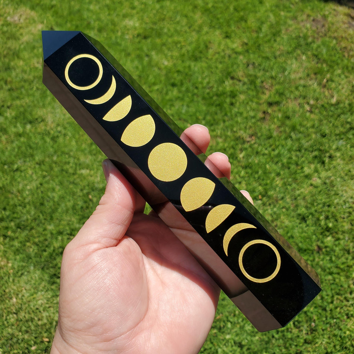 8" Big Obsidian Tower with Gold Moon Phase - Self Reflection, Release Negative Energies - Obsidian Black Statement Home Decor