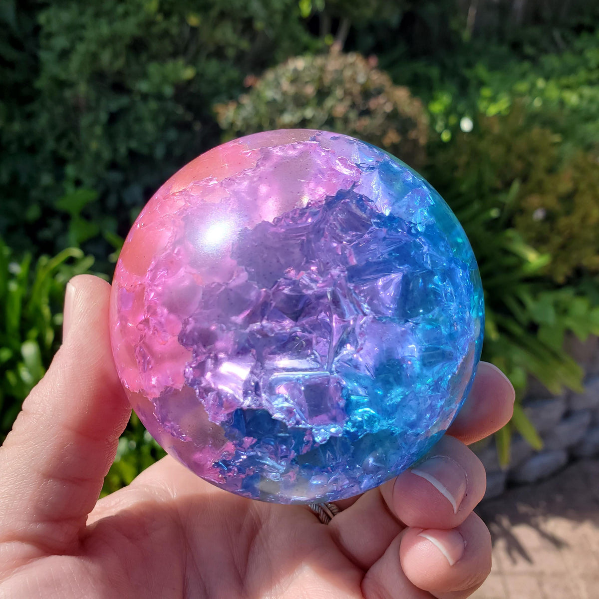 Big Rainbow Crackle Sphere with Glass Stand - Light Reflecting One of a Kind Crystal Ball - 3.05" Crystal Ball Statement Home Decor