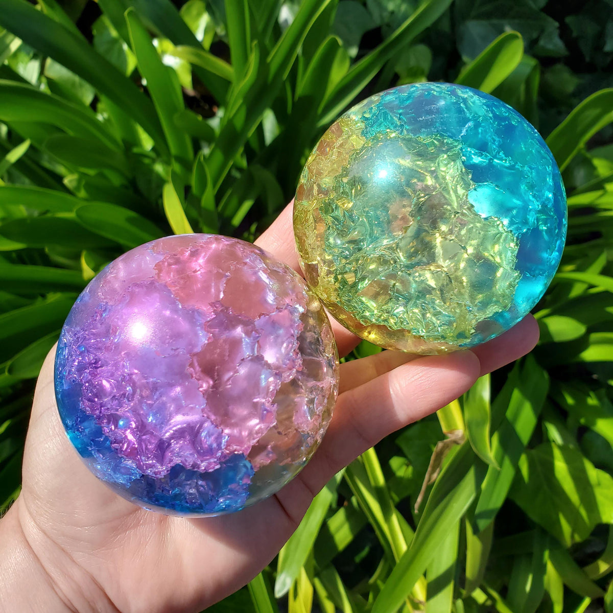 Big Rainbow Crackle Sphere with Glass Stand - Light Reflecting One of a Kind Crystal Ball - 3.05" Crystal Ball Statement Home Decor