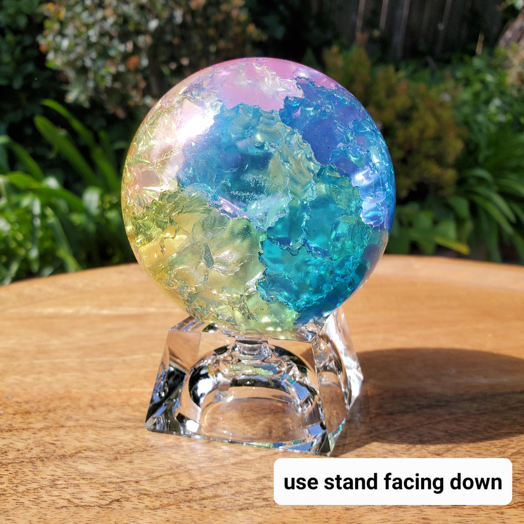 Big Rainbow Crackle Sphere with Glass Stand - Light Reflecting One of a Kind Crystal Ball - 3.05" Crystal Ball Statement Home Decor