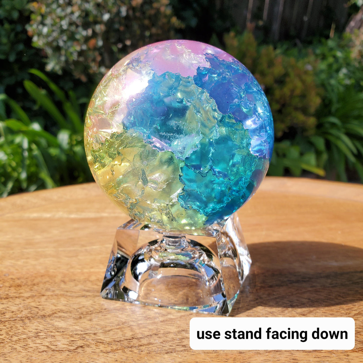 Big Rainbow Crackle Sphere with Glass Stand - Light Reflecting One of a Kind Crystal Ball - 3.05" Crystal Ball Statement Home Decor