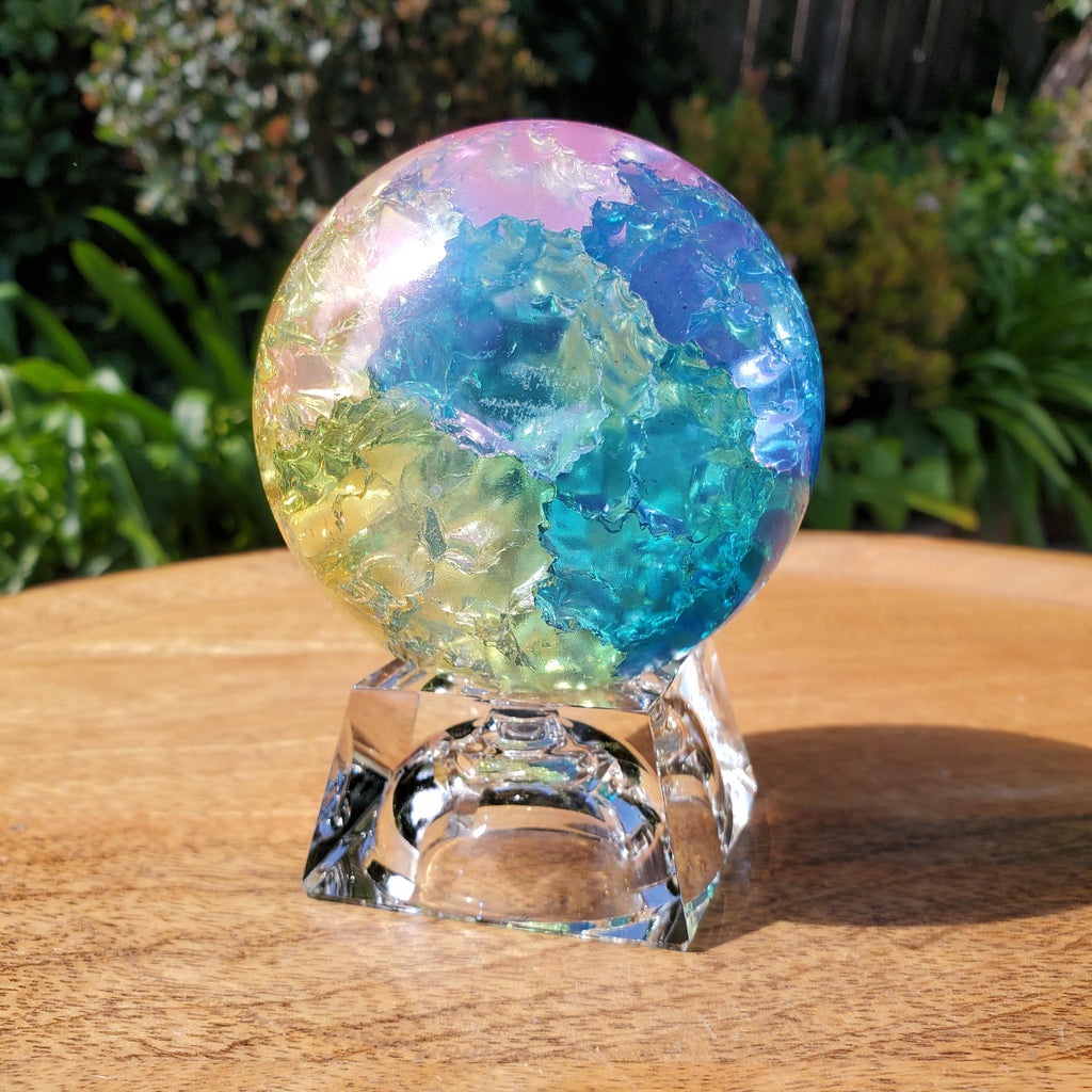 Big Rainbow Crackle Sphere with Glass Stand - Light Reflecting One of a Kind Crystal Ball - 3.05" Crystal Ball Statement Home Decor