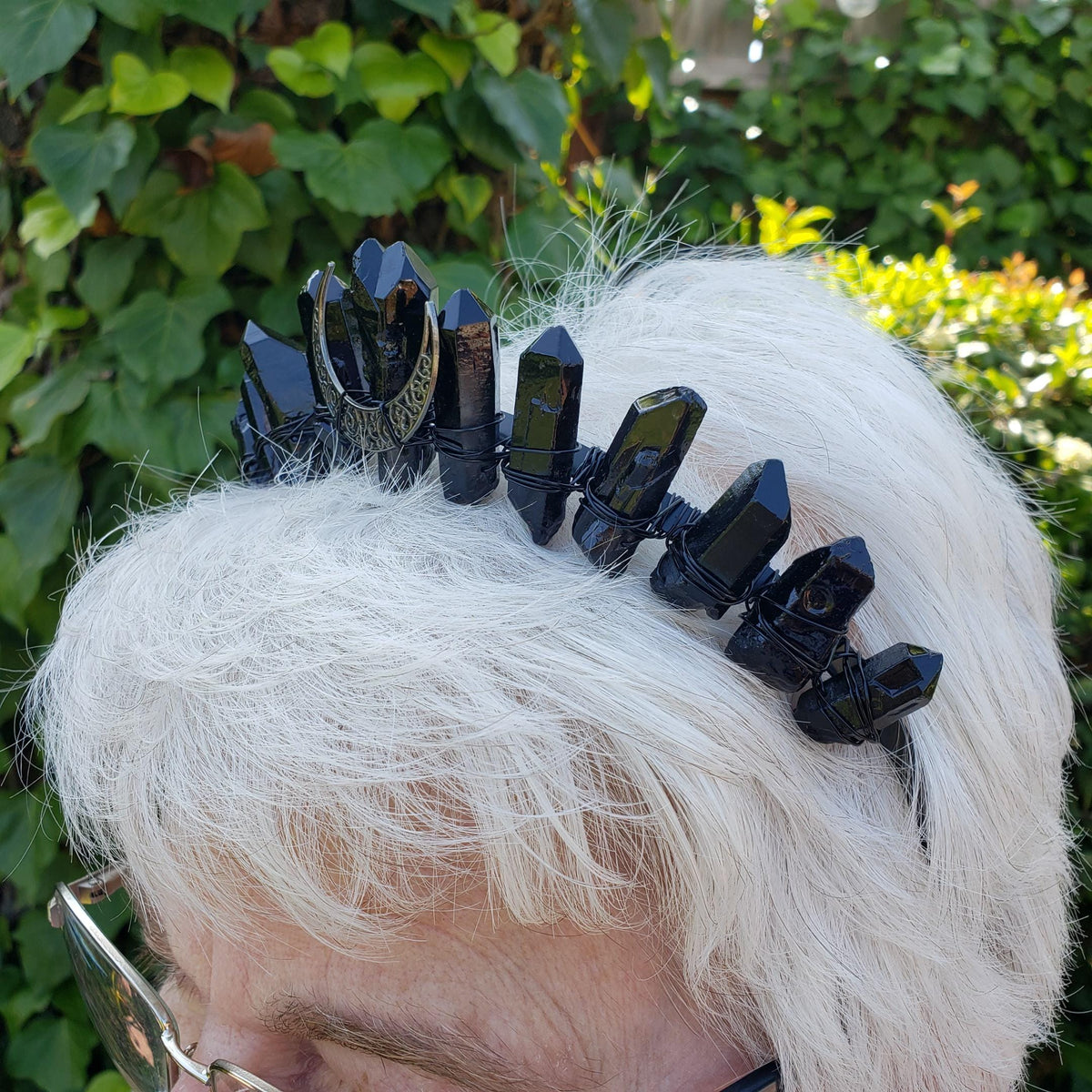 Black Quartz Crystal Crown with Moon - Counteracts Negative, Energizes Positive Energy - Goddess Crown Party Celebration Attire Costume