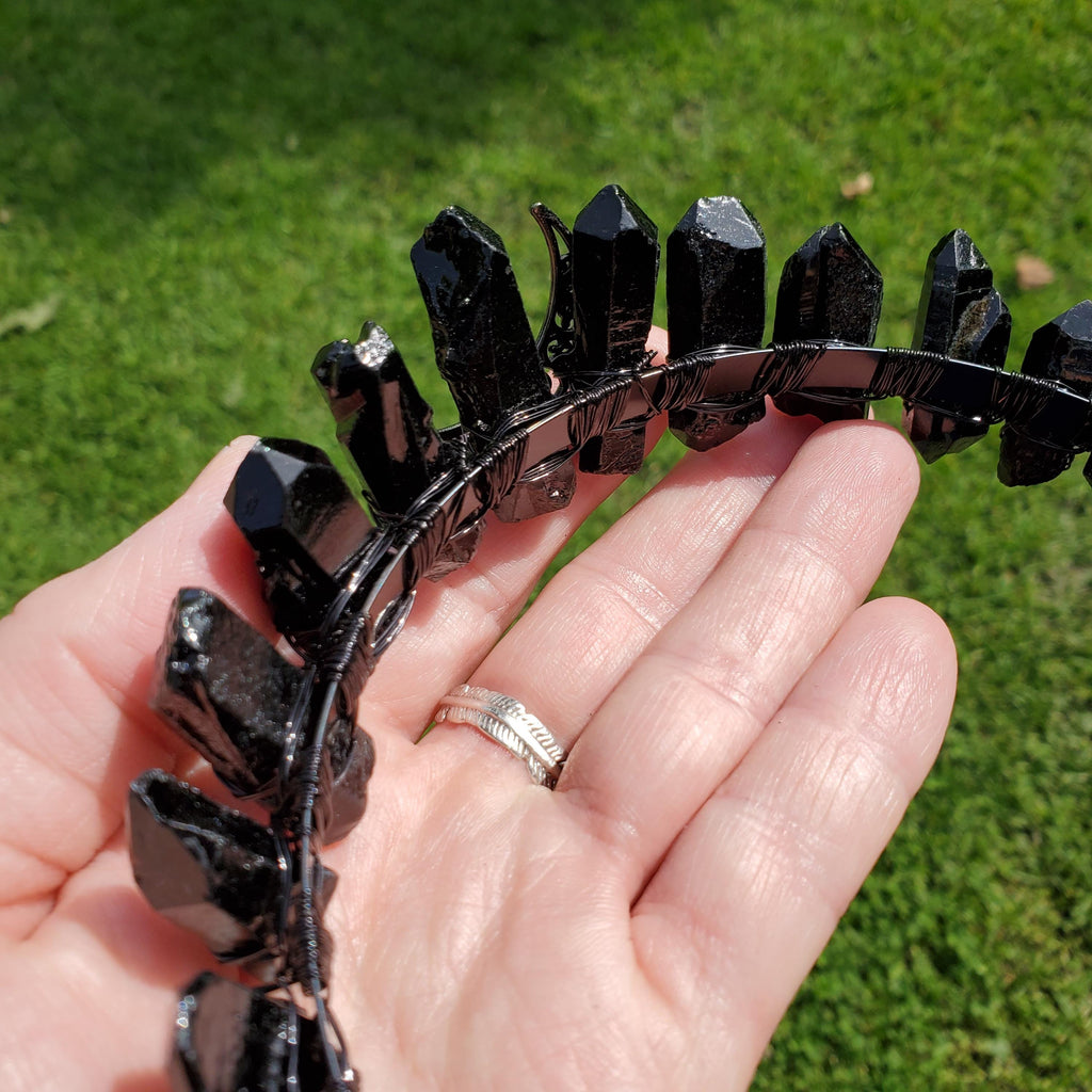 Black Quartz Crystal Crown with Moon - Counteracts Negative, Energizes Positive Energy - Goddess Crown Party Celebration Attire Costume