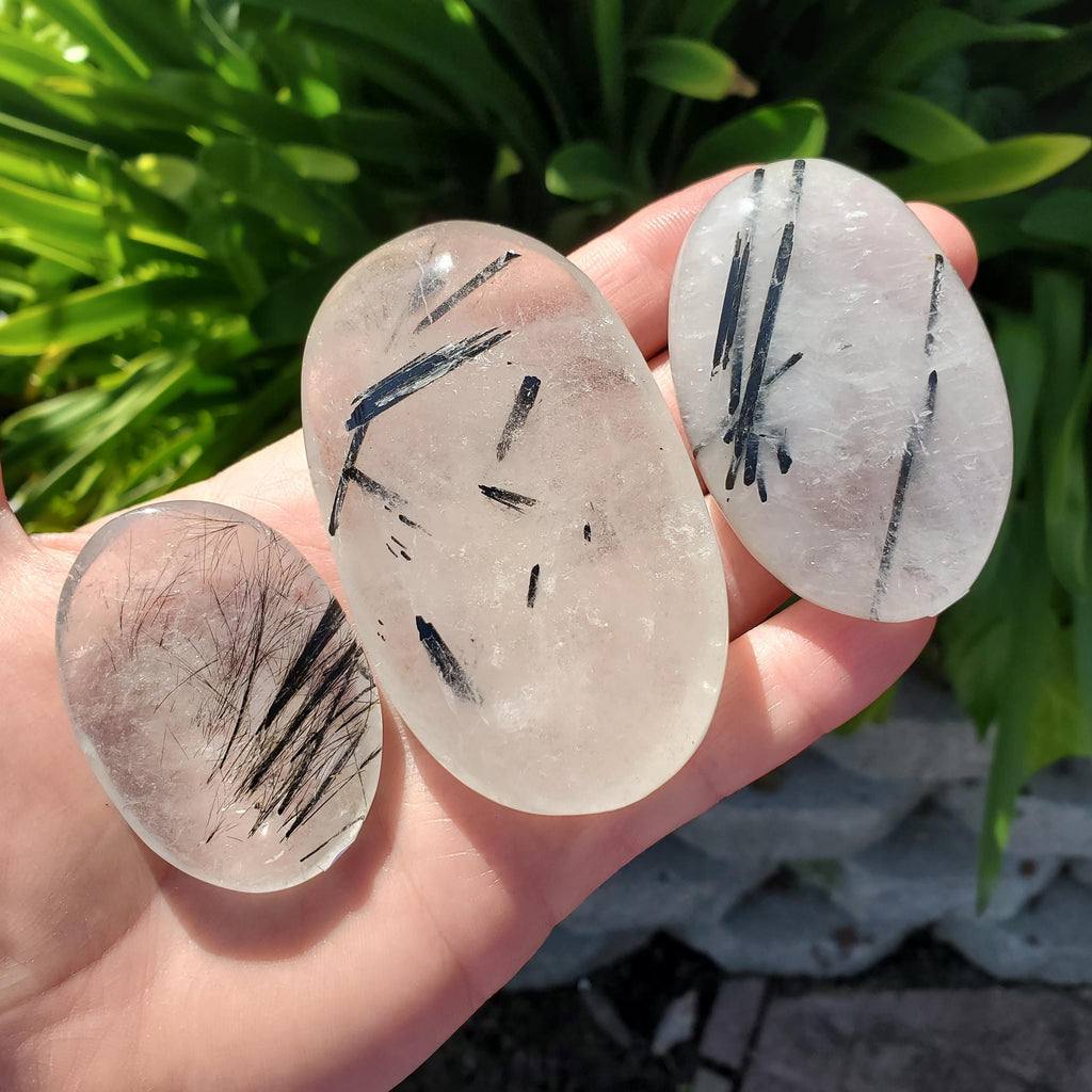 Tourmaline Quartz Palm Stone - Magnification, Clarity, EMF Protection - Tourmalinated Quartz Crystal Palm Healing Crystals Gemstone