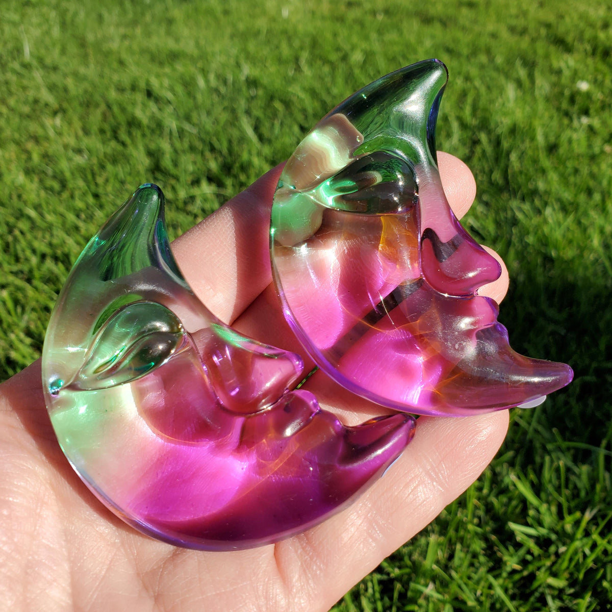 Aura Glass Moon - Light Reflecting Crystal Moon - Helps Release Anger and Negativity - 2.7" Aura Moon Carving