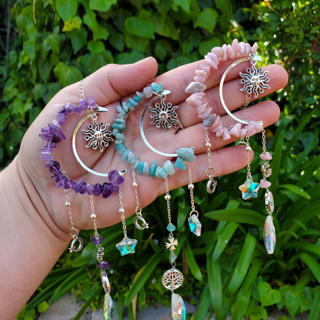 Crescent Moon Suncatcher - Cute Window Decor - Rainbow Light Catcher with Crystals, Sun, Tree of Life with Reflecting Star & Tear Drop