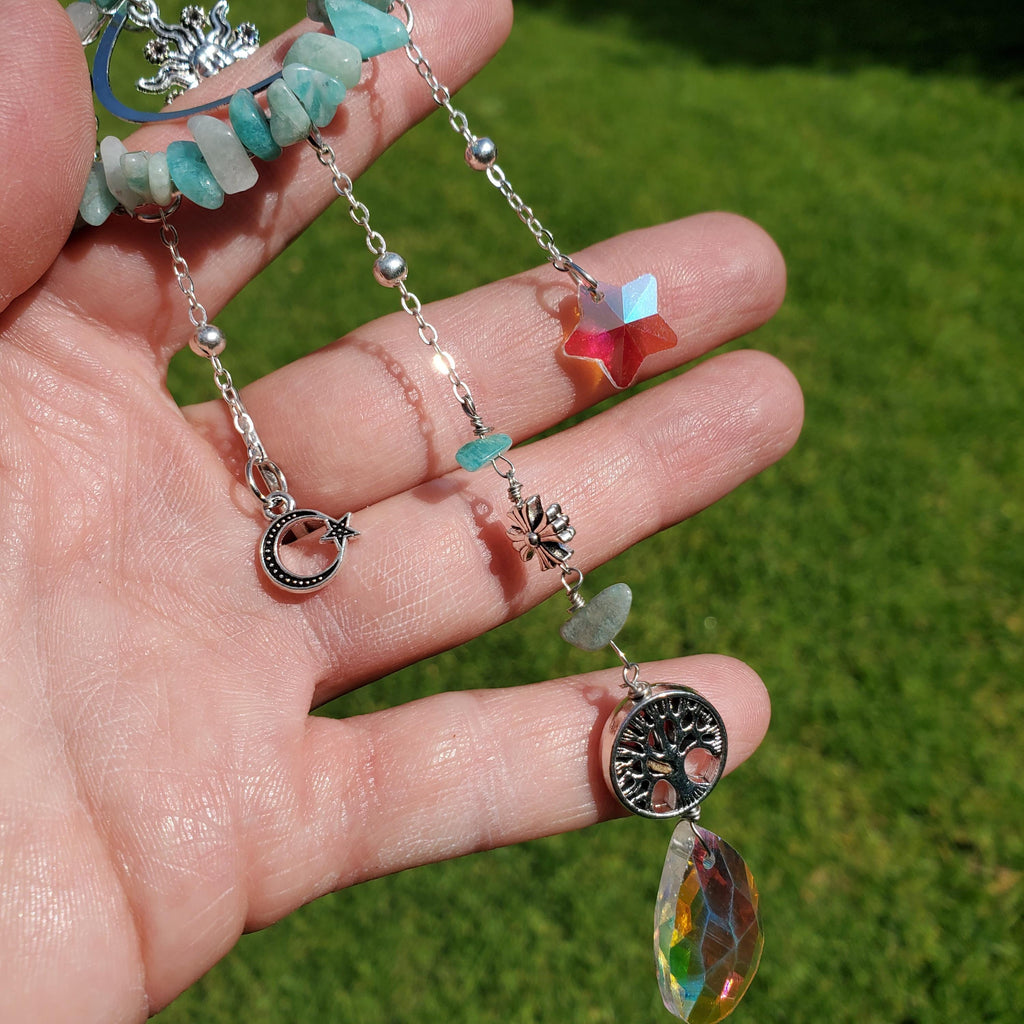 Crescent Moon Suncatcher - Cute Window Decor - Rainbow Light Catcher with Crystals, Sun, Tree of Life with Reflecting Star & Tear Drop