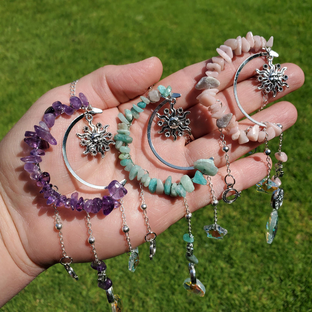Crescent Moon Suncatcher - Cute Window Decor - Rainbow Light Catcher with Crystals, Sun, Tree of Life with Reflecting Star & Tear Drop