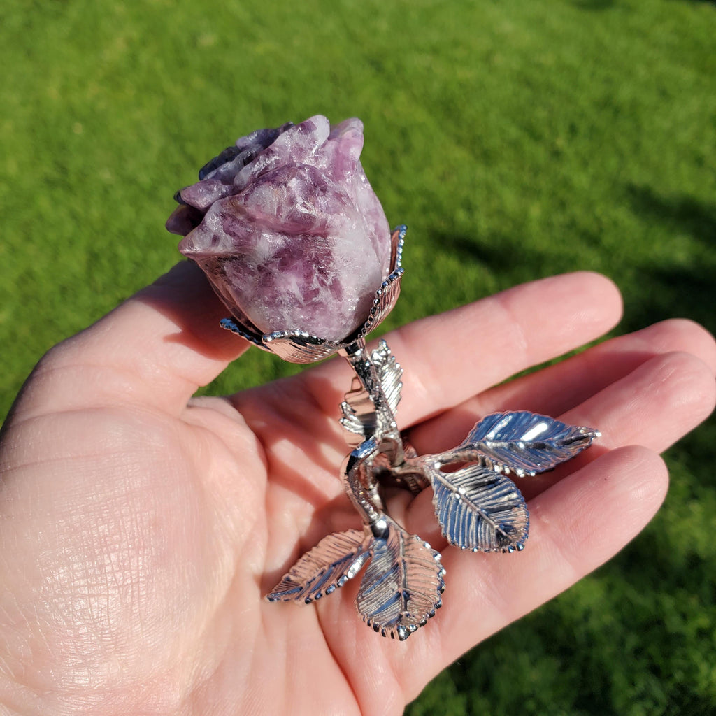 Standing Lepidolite Flower with Silver Stem - Helps You Through Change, Anti-Anxiety, Calming - Purple Flower Carving Healing Stone