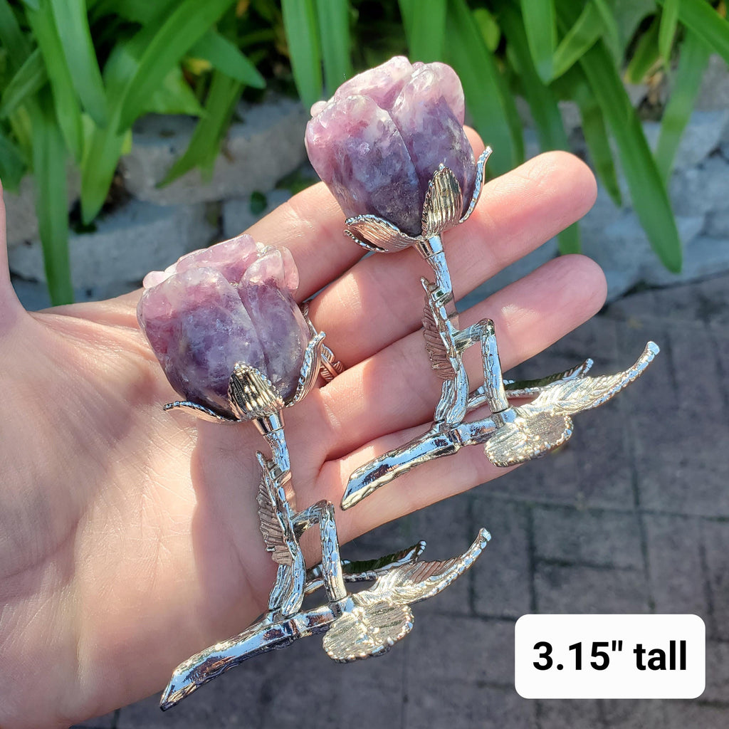 Standing Lepidolite Flower with Silver Stem - Helps You Through Change, Anti-Anxiety, Calming - Purple Flower Carving Healing Stone