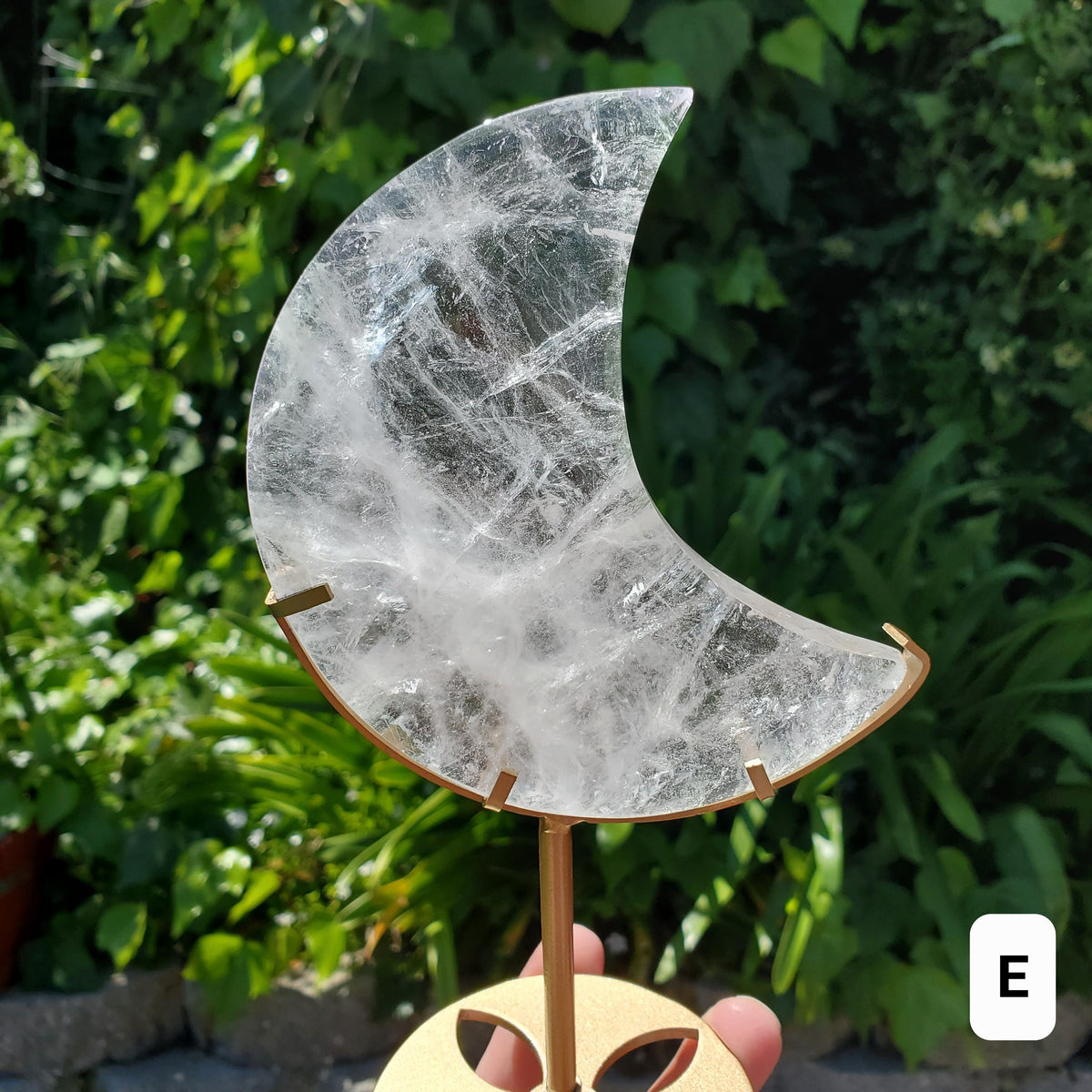 Clear Quartz Moon on Gold Stand - Counteracts the Negative, Energizes Positive Energy - Clear Rainbow Quartz Healing Stone Statement Piece