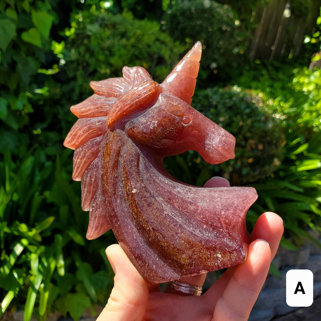 Chunky Strawberry Quartz Unicorn - Universal Love, Gratitude, Generosity, Compassion - Tanzberry Quartz Unicorn Carving Gemstone Statement