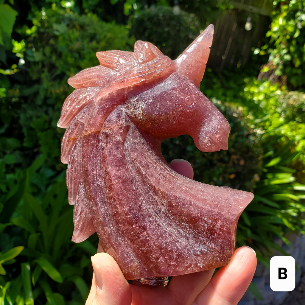 Chunky Strawberry Quartz Unicorn - Universal Love, Gratitude, Generosity, Compassion - Tanzberry Quartz Unicorn Carving Gemstone Statement