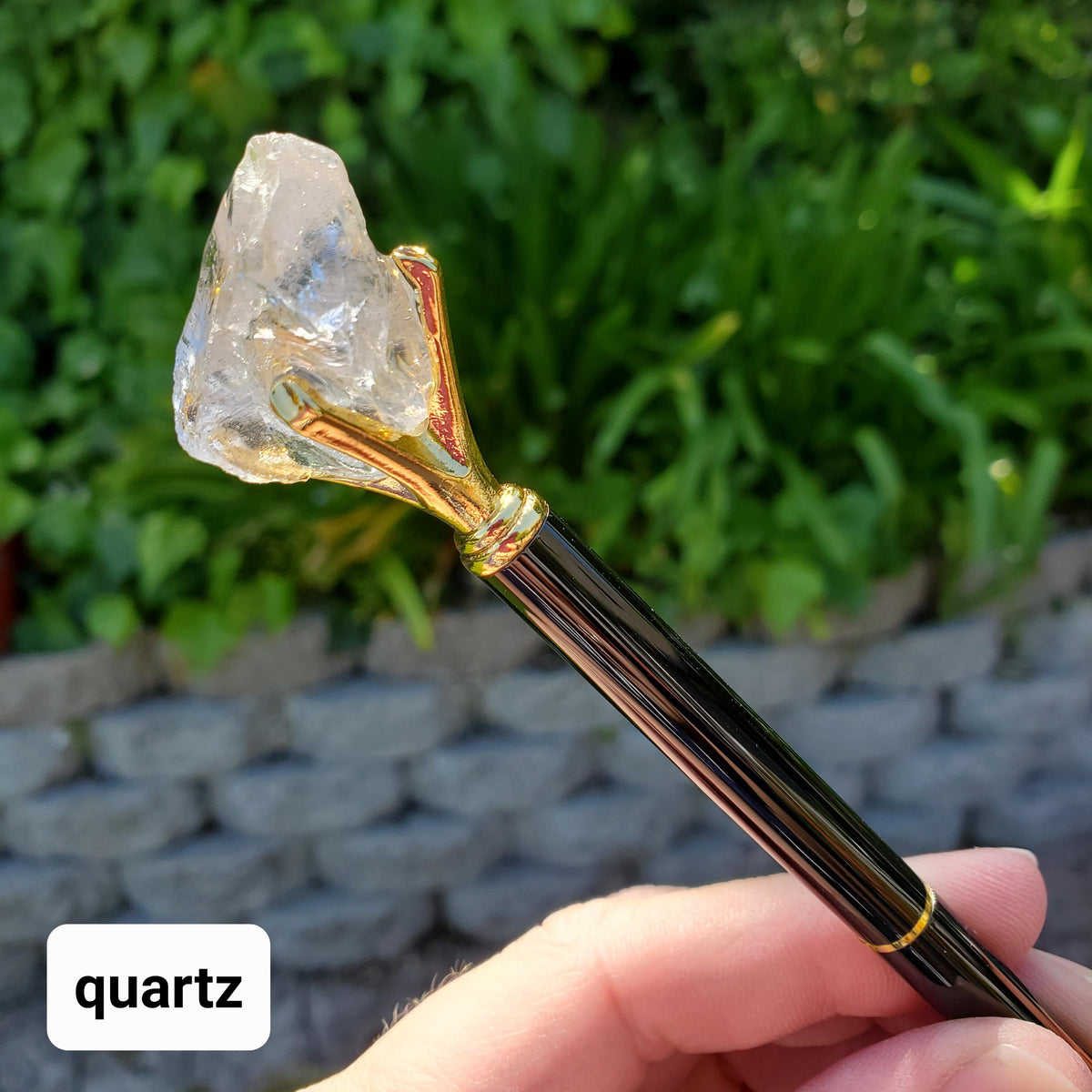 Stone Top Pen with Black Ink - Quartz (Magnify), Amethyst (Calming), Obsidian (Reflection), Rose Quartz (Love) - Pen with Gold Metal Detail