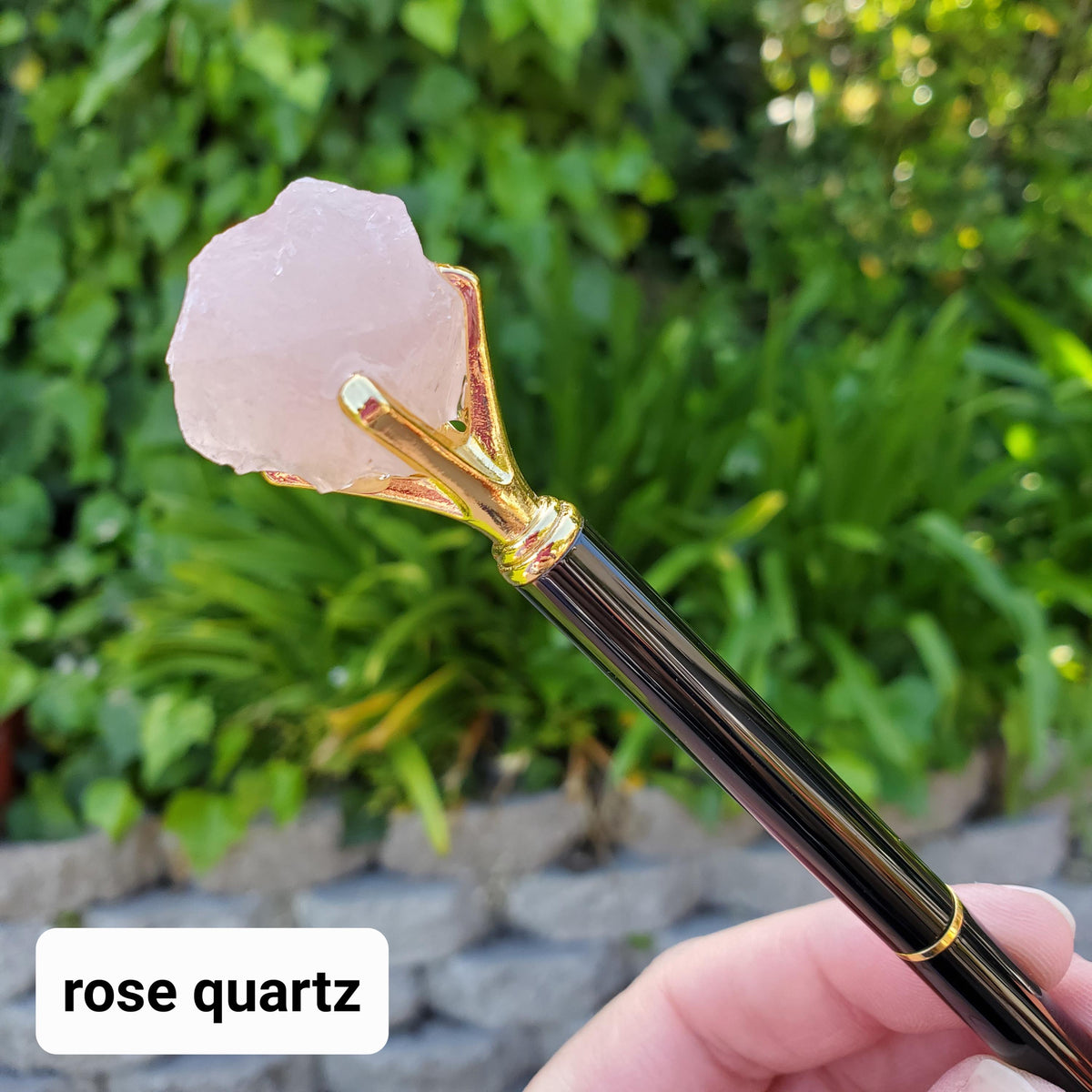 Stone Top Pen with Black Ink - Quartz (Magnify), Amethyst (Calming), Obsidian (Reflection), Rose Quartz (Love) - Pen with Gold Metal Detail