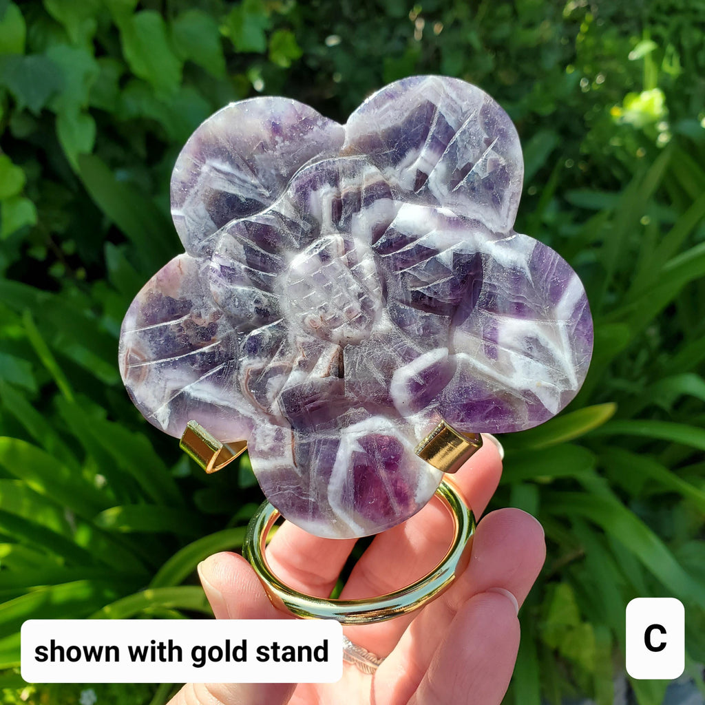 Dream Amethyst Flower on Stand - Calming, Energetic Protection, Positivity, Connection - Cute Purple Chevron Flower Crystal Rose Gemstone