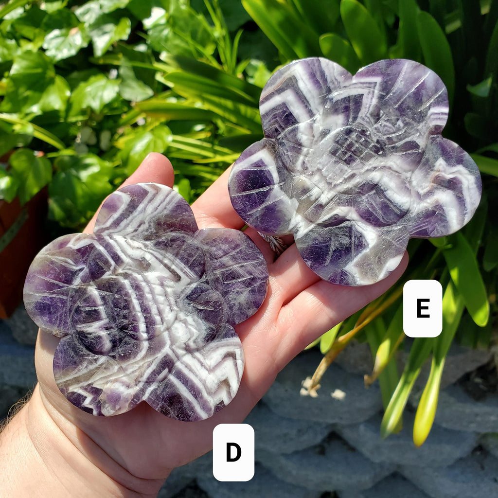 Dream Amethyst Flower on Stand - Calming, Energetic Protection, Positivity, Connection - Cute Purple Chevron Flower Crystal Rose Gemstone