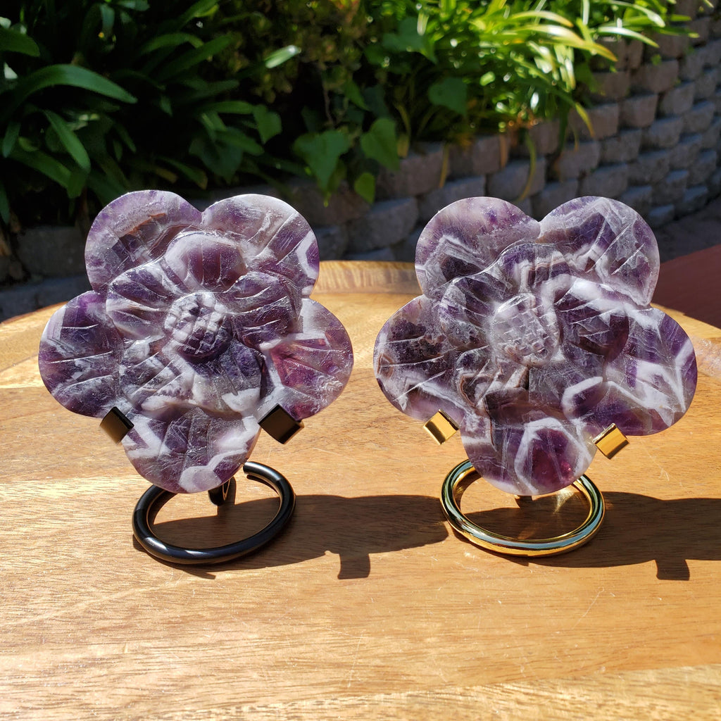 Dream Amethyst Flower on Stand - Calming, Energetic Protection, Positivity, Connection - Cute Purple Chevron Flower Crystal Rose Gemstone