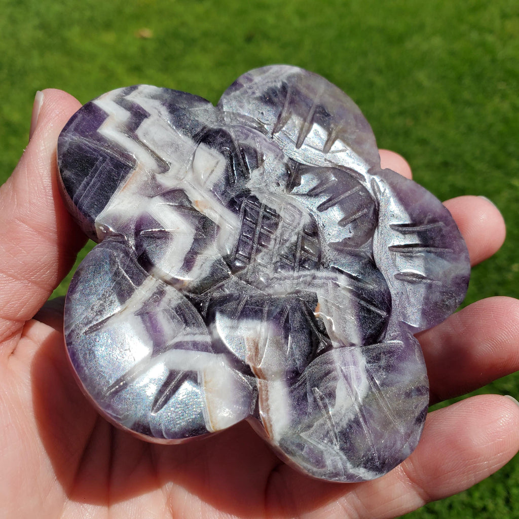 Dream Amethyst Flower on Stand - Calming, Energetic Protection, Positivity, Connection - Cute Purple Chevron Flower Crystal Rose Gemstone