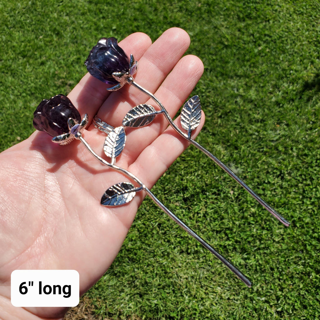 Small Rainbow Fluorite Crystal Rose on Stem - Mental Clarity, Positivity, Energetic Protection - Stone Rose Healing Crystals Gemstones
