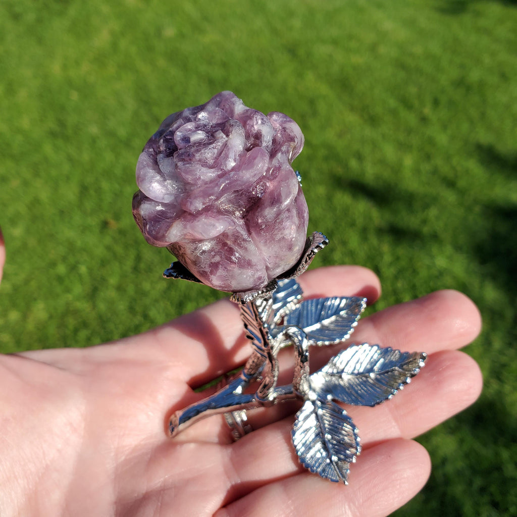 Standing Lepidolite Flower with Silver Stem - Helps You Through Change, Anti-Anxiety, Calming - Purple Flower Carving Healing Stone