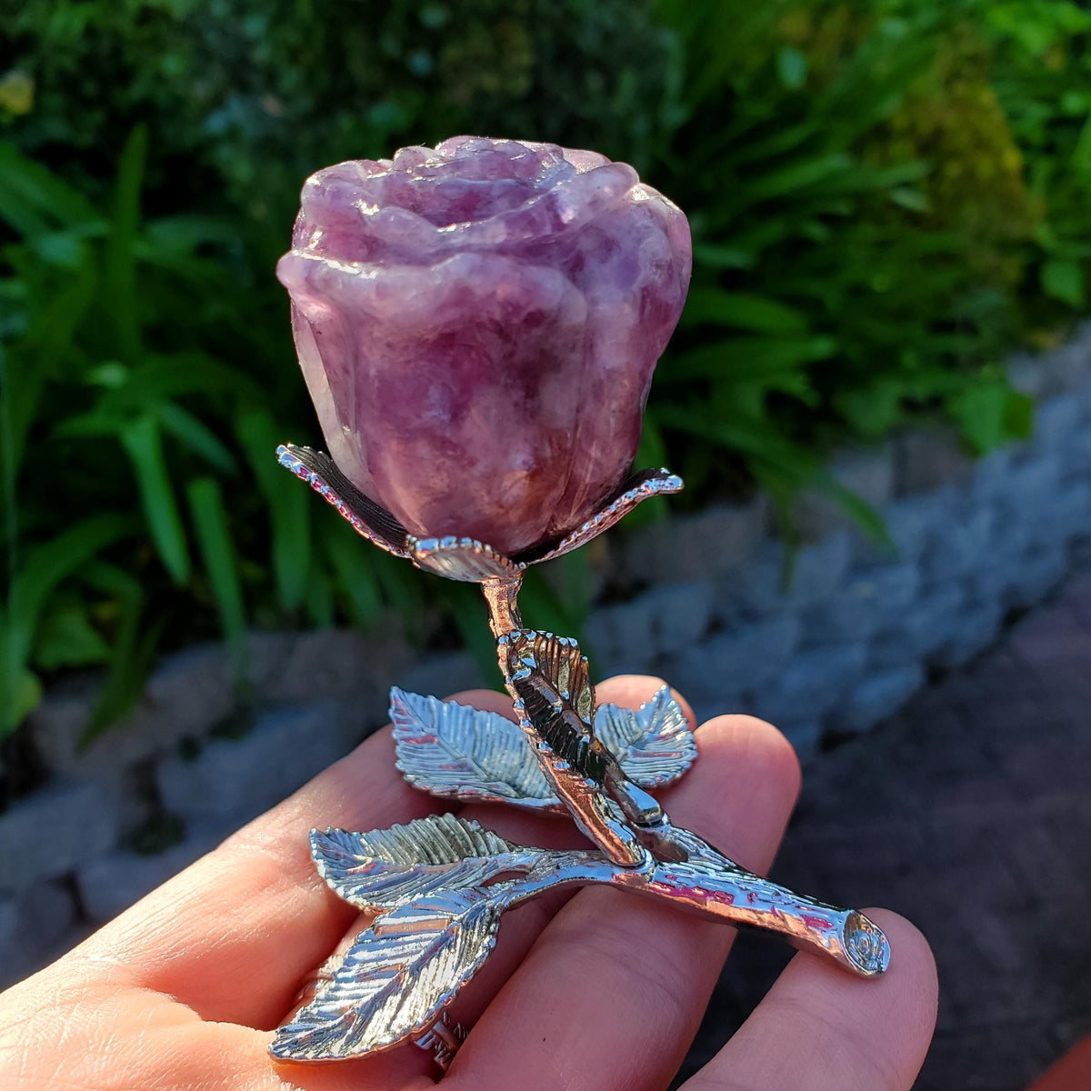Standing Lepidolite Flower with Silver Stem - Helps You Through Change, Anti-Anxiety, Calming - Purple Flower Carving Healing Stone