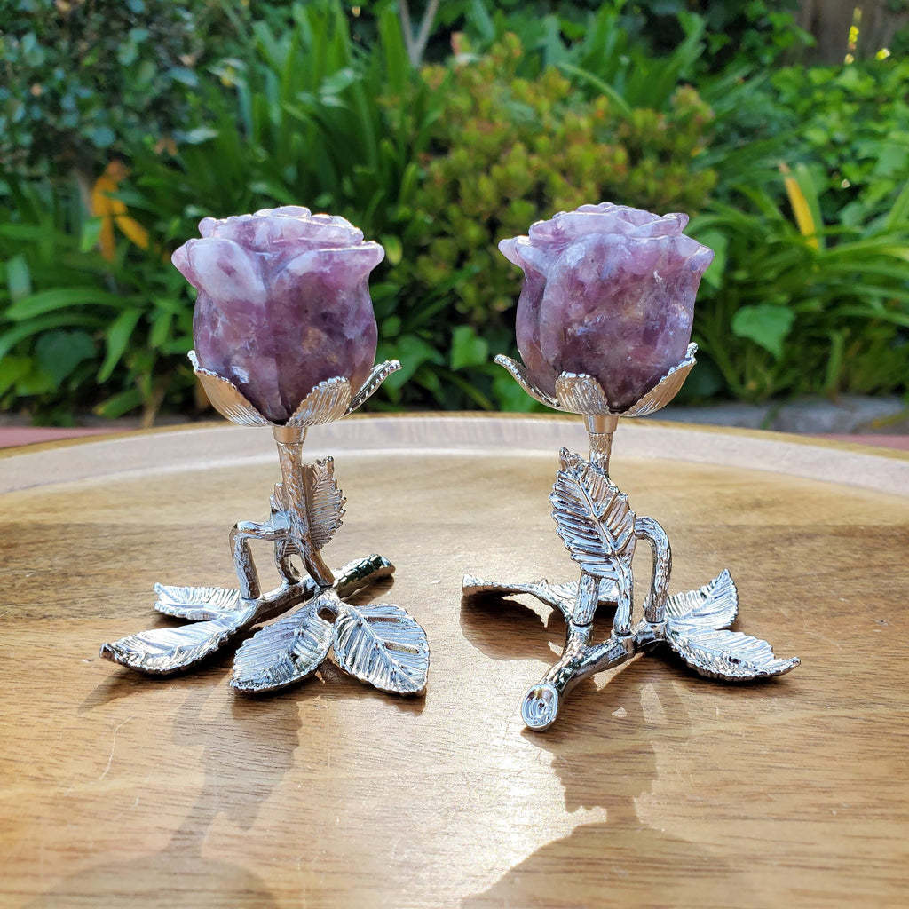 Standing Lepidolite Flower with Silver Stem - Helps You Through Change, Anti-Anxiety, Calming - Purple Flower Carving Healing Stone