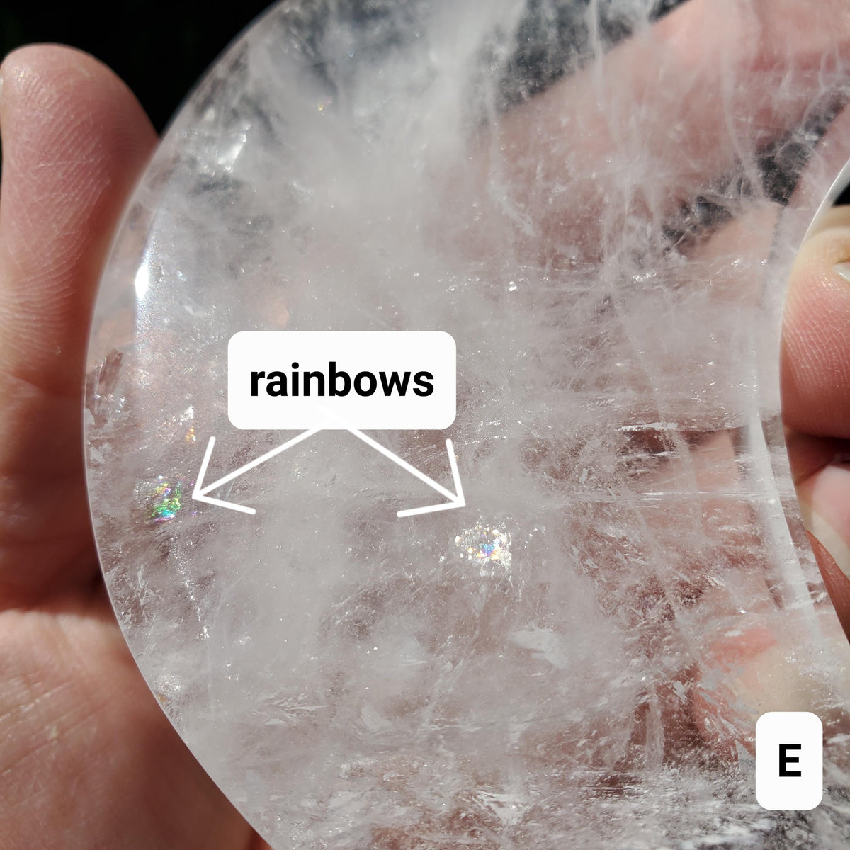 Clear Quartz Moon on Gold Stand - Counteracts the Negative, Energizes Positive Energy - Clear Rainbow Quartz Healing Stone Statement Piece