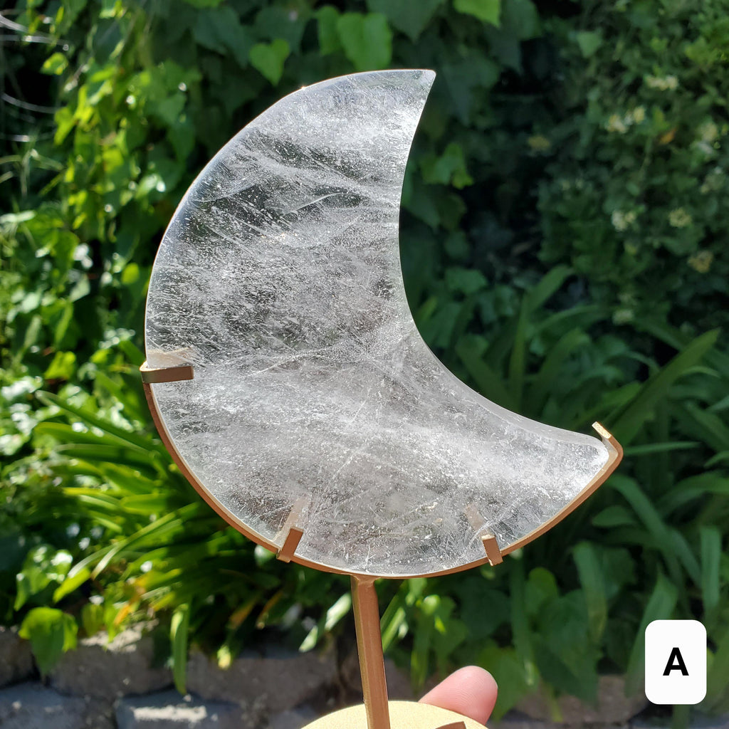 Clear Quartz Moon on Gold Stand - Counteracts the Negative, Energizes Positive Energy - Clear Rainbow Quartz Healing Stone Statement Piece