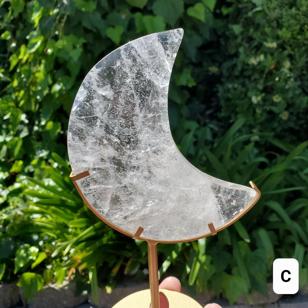 Clear Quartz Moon on Gold Stand - Counteracts the Negative, Energizes Positive Energy - Clear Rainbow Quartz Healing Stone Statement Piece