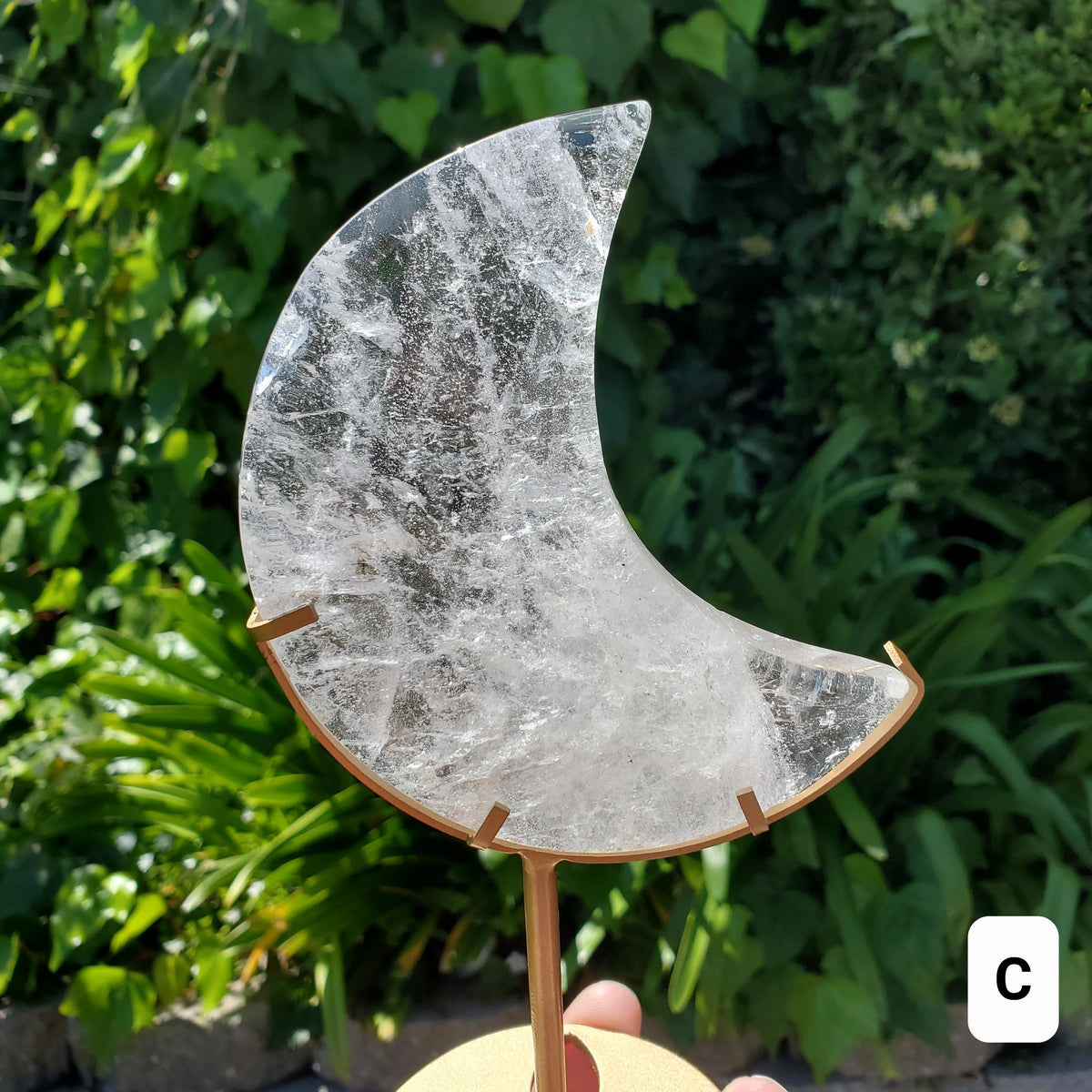 Clear Quartz Moon on Gold Stand - Counteracts the Negative, Energizes Positive Energy - Clear Rainbow Quartz Healing Stone Statement Piece