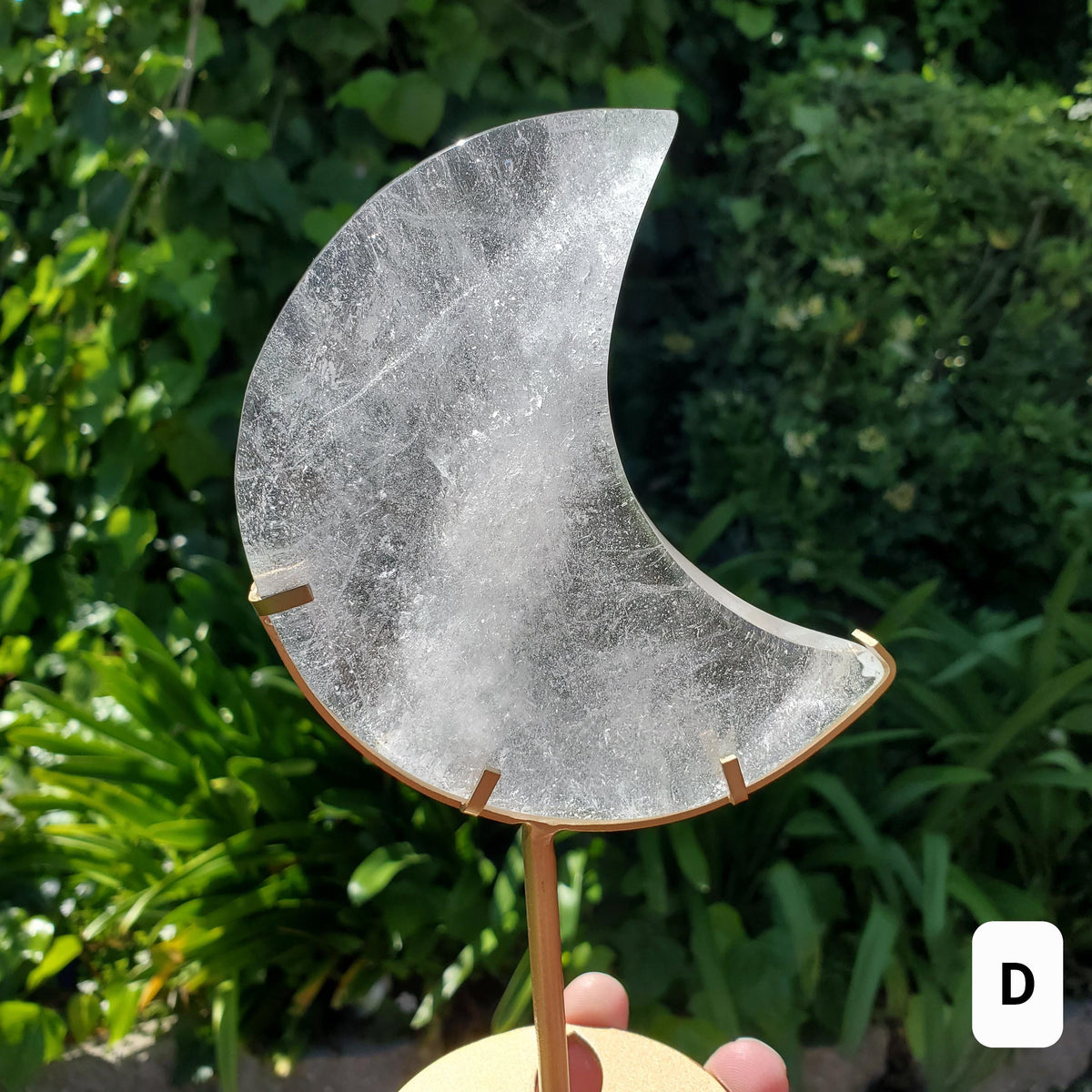 Clear Quartz Moon on Gold Stand - Counteracts the Negative, Energizes Positive Energy - Clear Rainbow Quartz Healing Stone Statement Piece