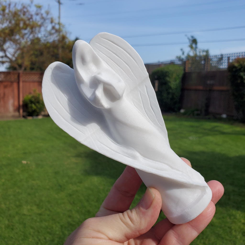 Big White Jade Angel - Brings in Joy, Peace, Calm & Love Energy - 6" White Angel Stone Carving Healing Gemstones Alter Display Home Decor