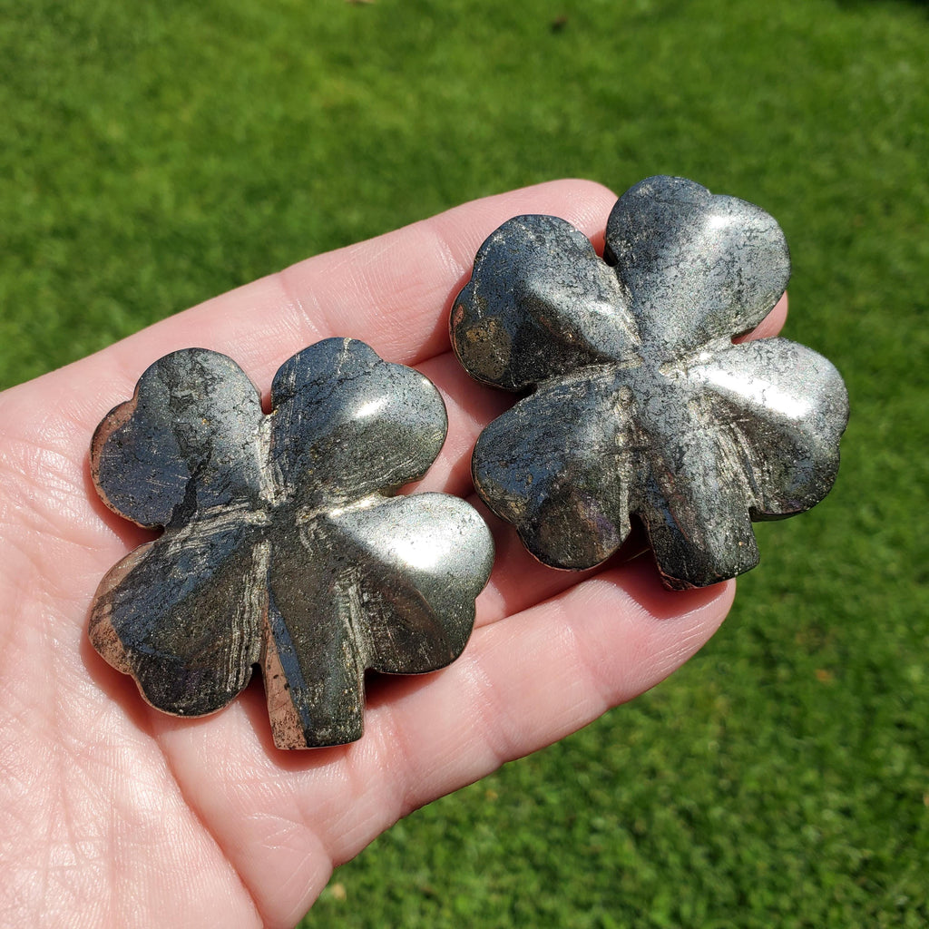 Cute Pyrite Clover - Blocks Negativity, Boost Personal Power, Helps Manifestations - Pyrite Crystal Clover Healing Gemstone